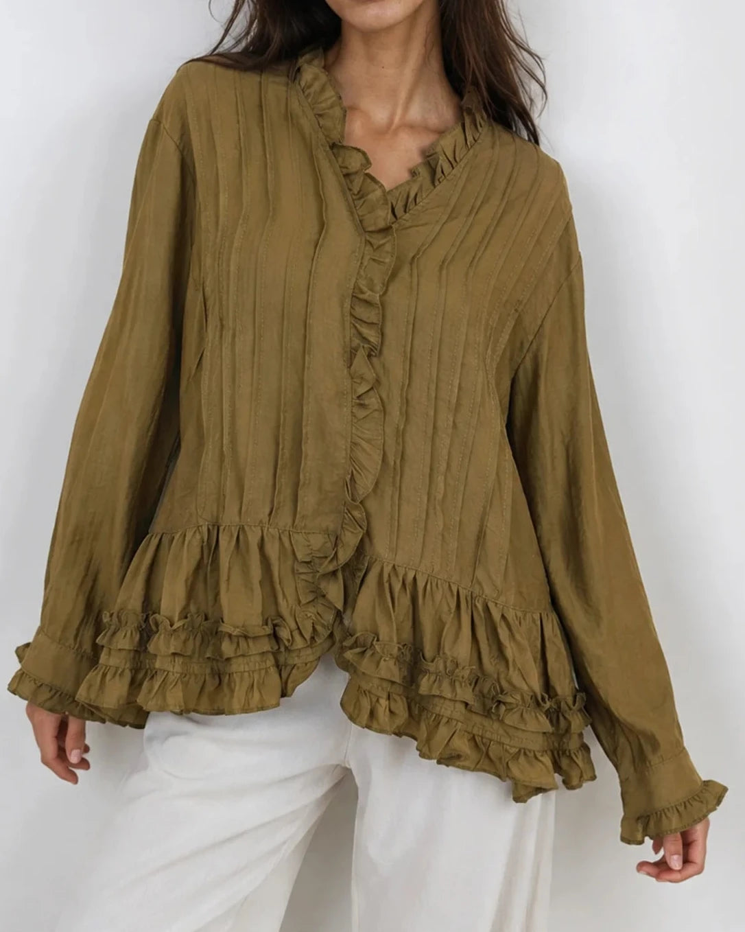 Camisa de Folhos Rayon - Verde - PRÉ-VENDA ( Envio até 18/09)