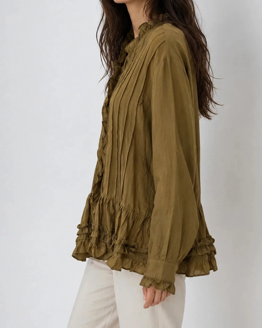 Camisa de Folhos Rayon - Verde - PRÉ-VENDA ( Envio até 18/09)