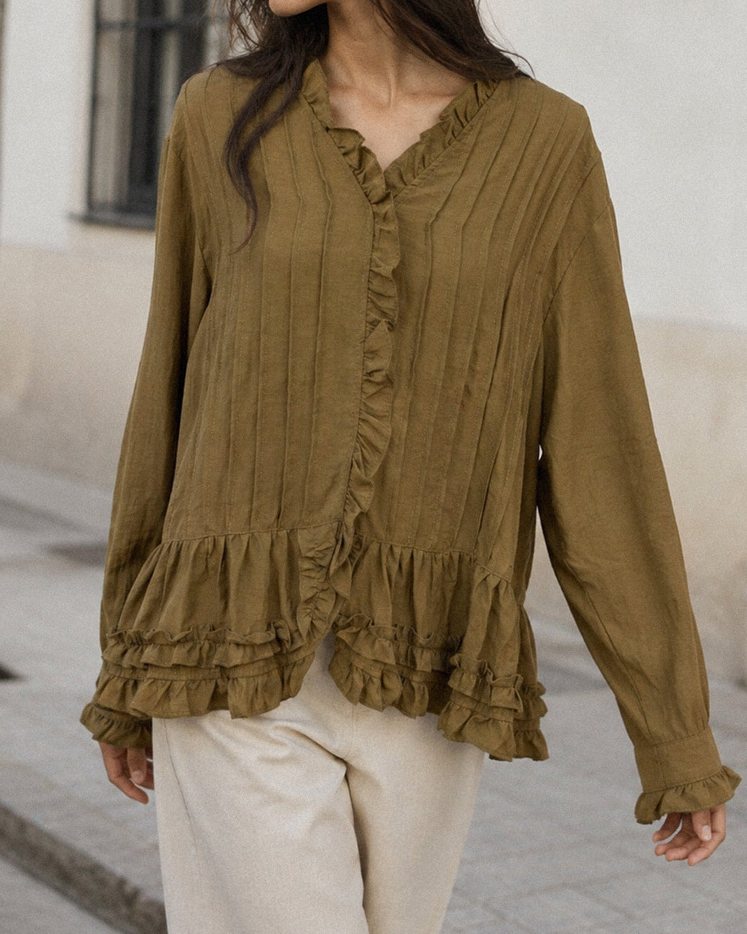 Camisa de Folhos Rayon - Verde - PRÉ-VENDA ( Envio até 18/09)