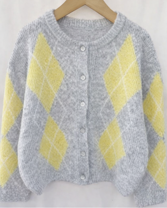 Cardigan de Losangos - Cinzento e Amarelo - Pré-venda ( Envio até 23/01)