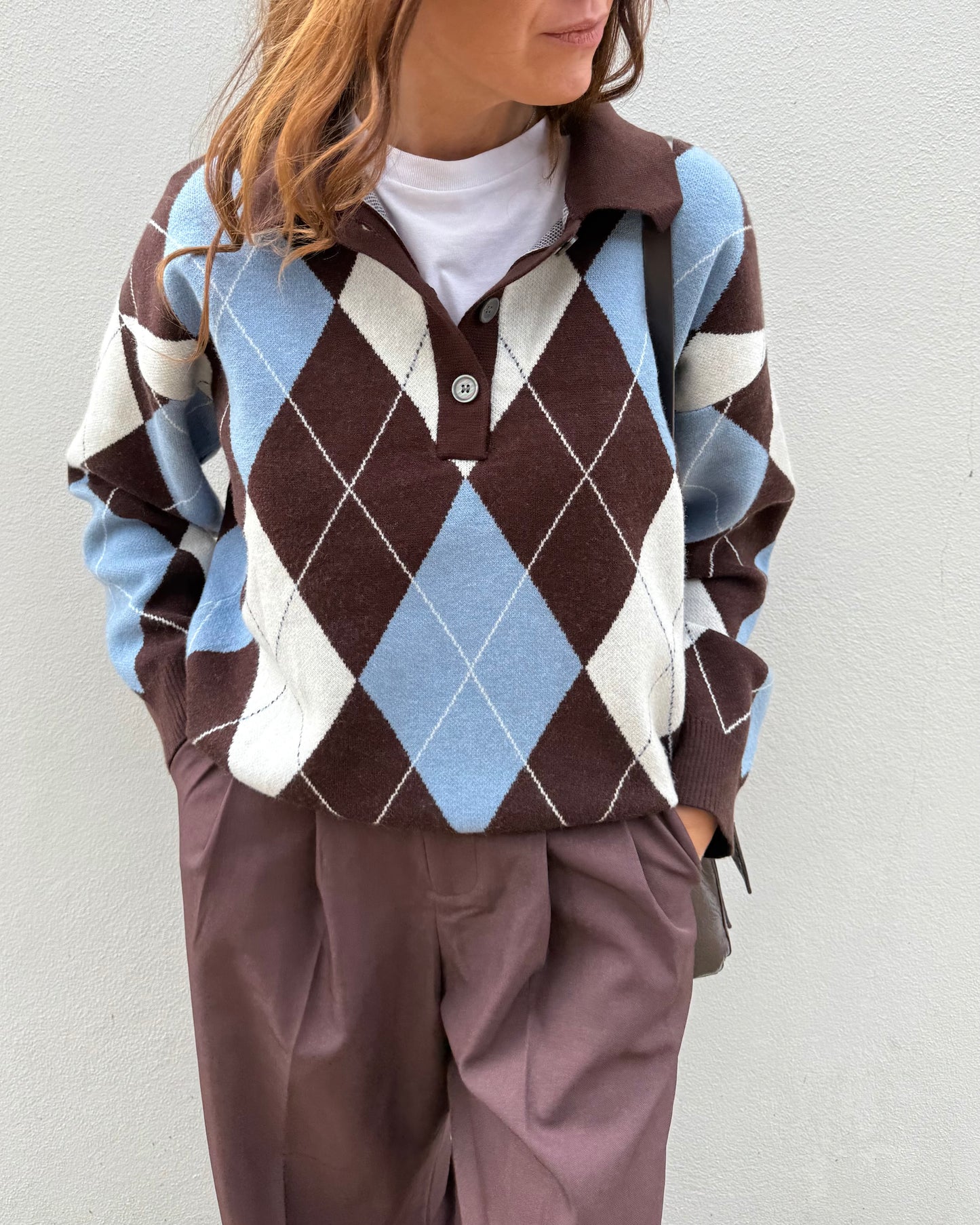 Camisola de Losangos - Azul bebé e Castanho