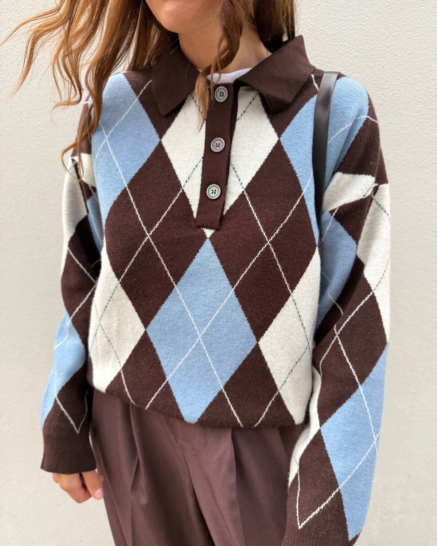 Camisola de Losangos - Azul bebé e Castanho