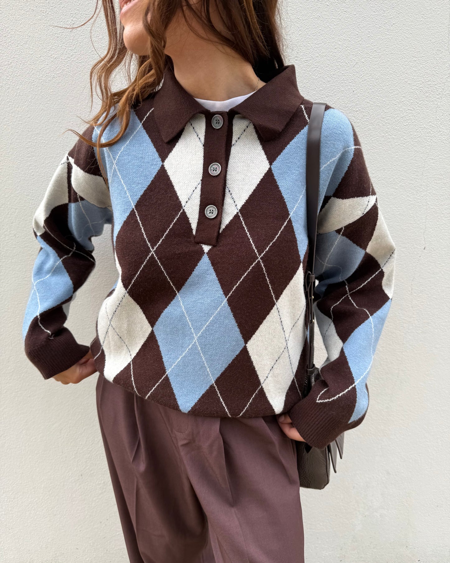 Camisola de Losangos - Azul bebé e Castanho