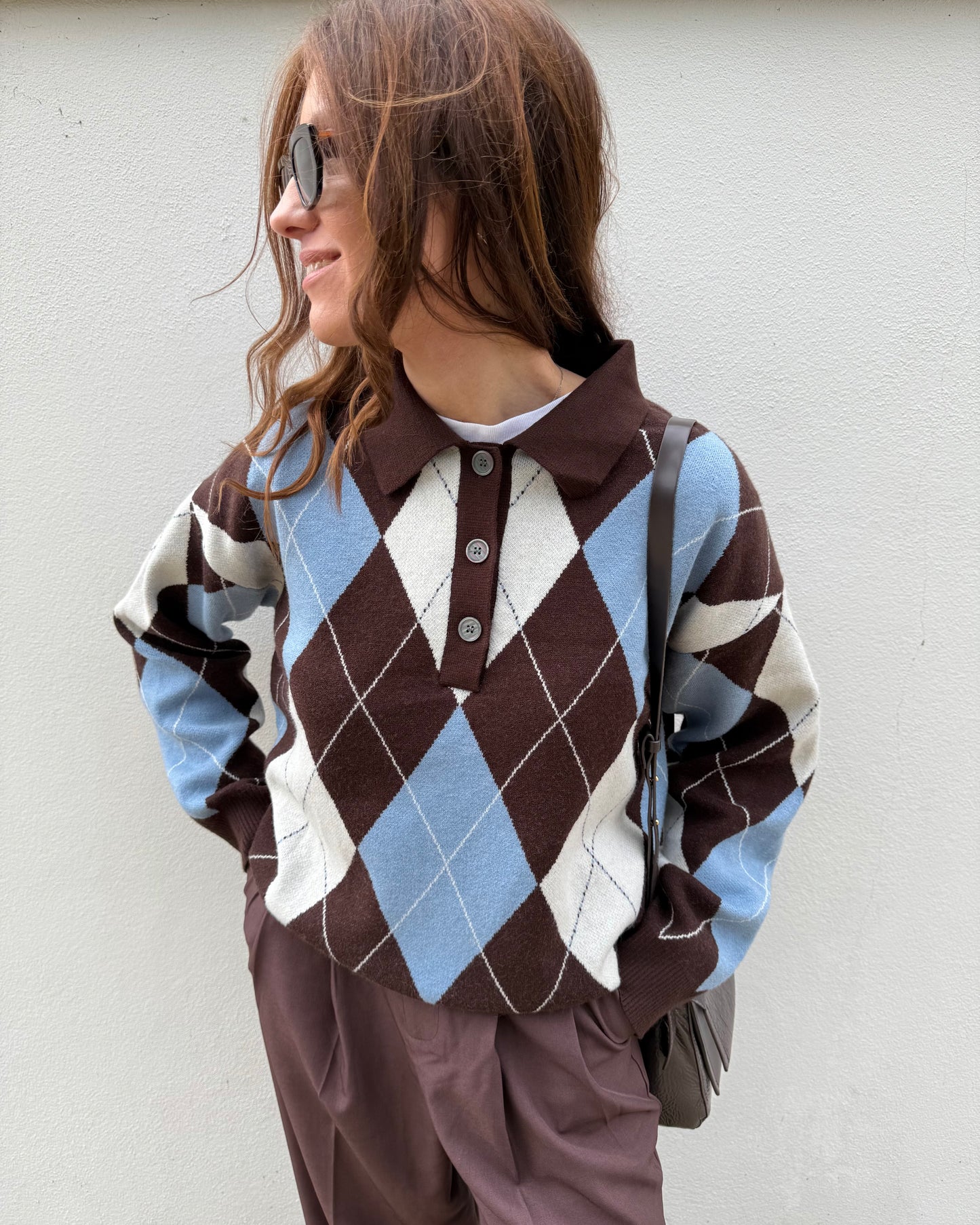Camisola de Losangos - Azul bebé e Castanho