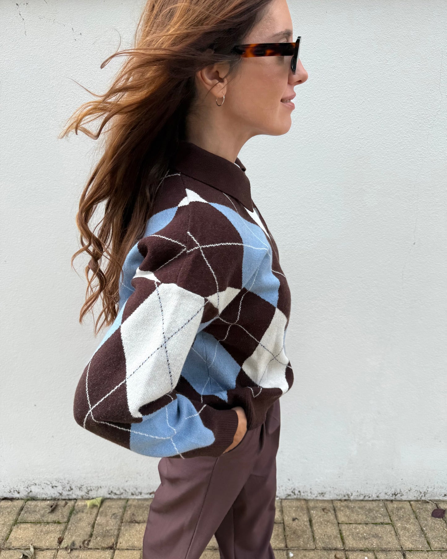 Camisola de Losangos - Azul bebé e Castanho