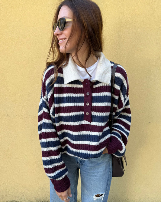 Camisola Leonor - Riscas azul e bordaux