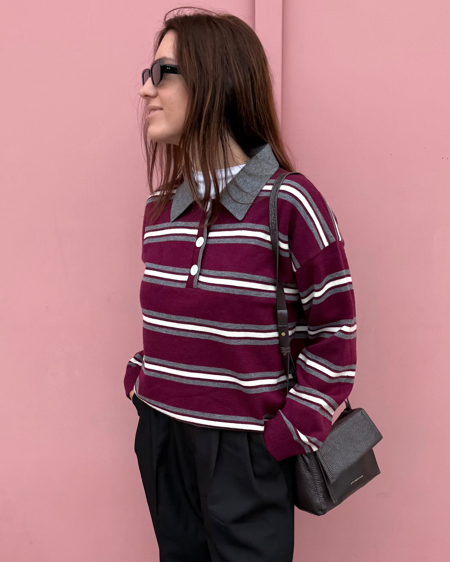 Polo Maria Luísa - Burgundy e Cinzento