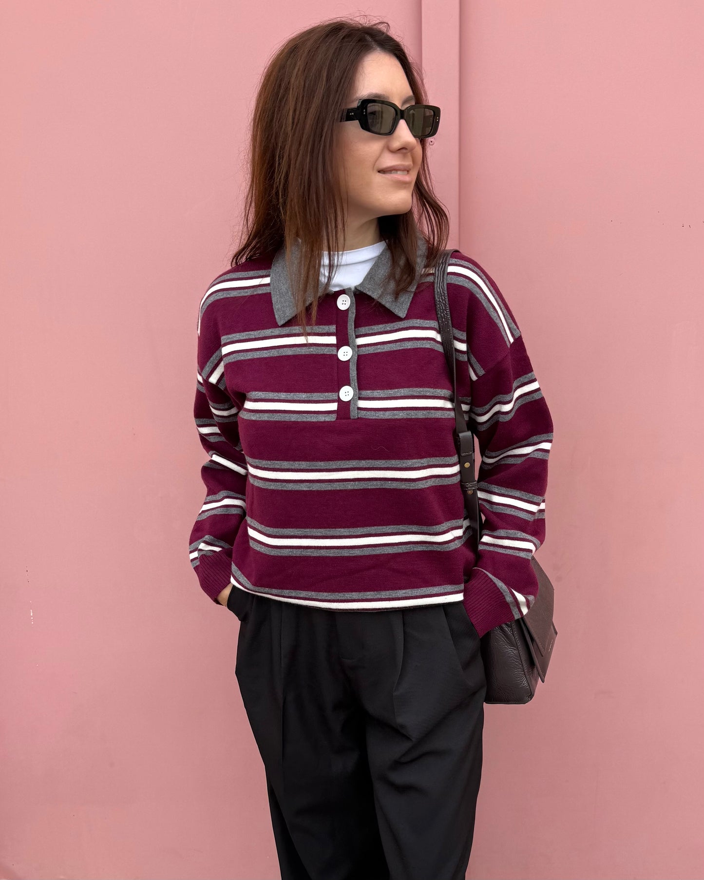 Polo Maria Luísa - Burgundy e Cinzento