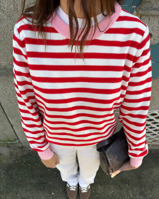 Camisola de Riscas Vermelho/Creme/Rosa