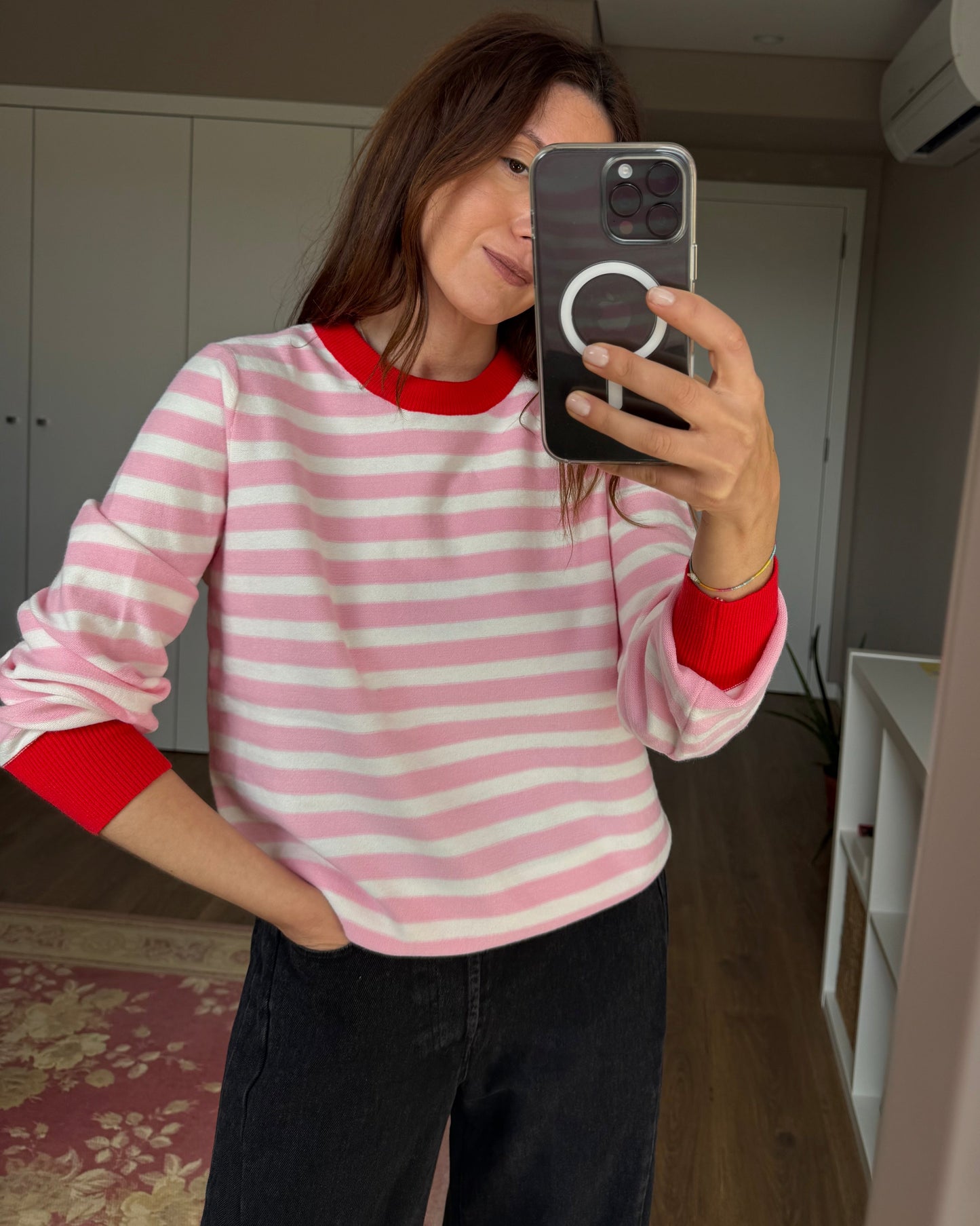 Camisola de Riscas Rosa/Creme/Vermelho