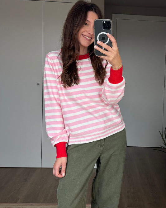 Camisola de Riscas Rosa/Creme/Vermelho