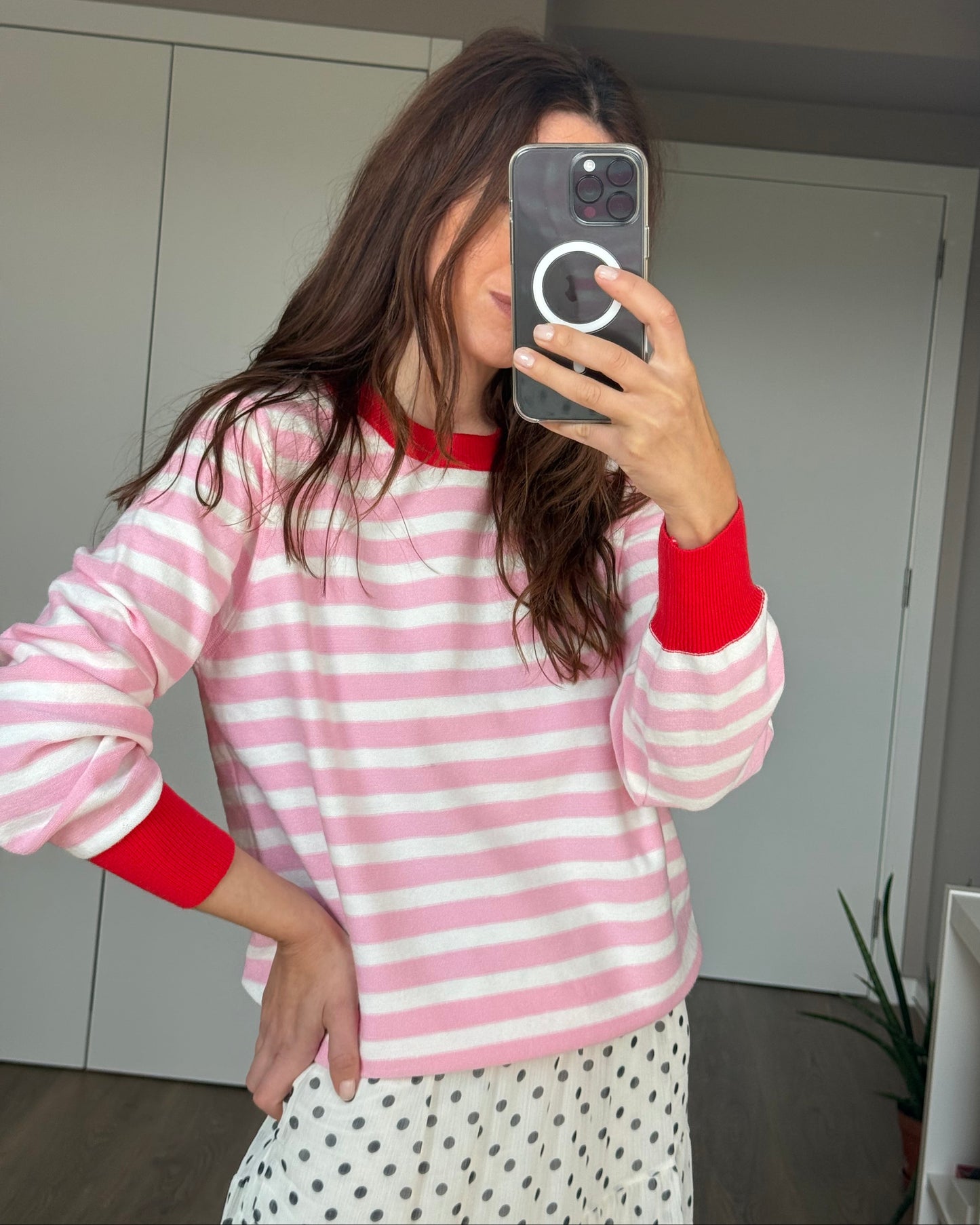 Camisola de Riscas Rosa/Creme/Vermelho