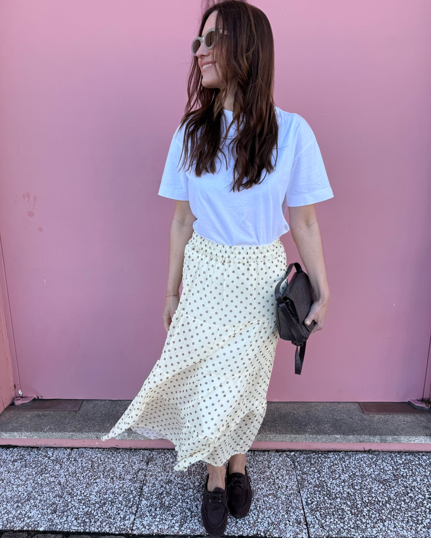 Saia Polka Dots - Amarelo Manteiga e Castanho -  Envio até 19/03