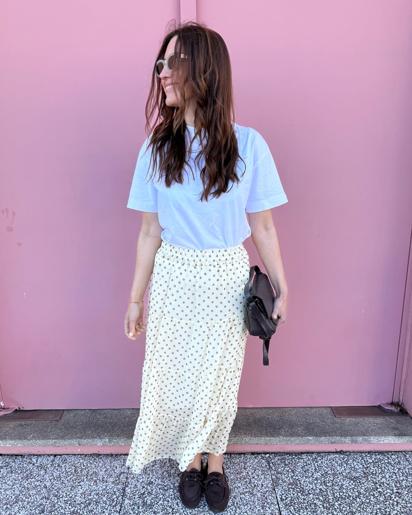 Saia Polka Dots - Amarelo Manteiga e Castanho -  Envio até 19/03