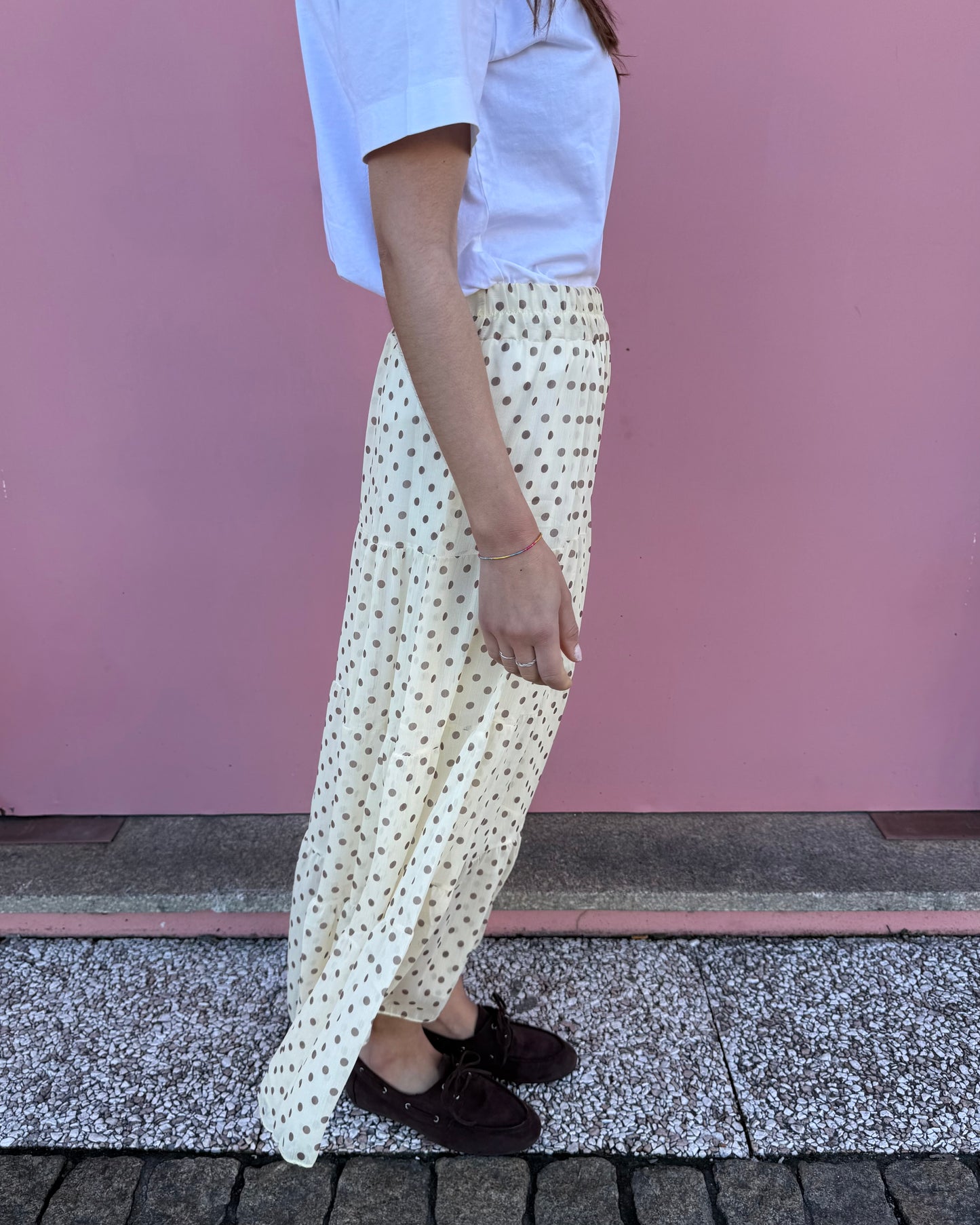 Saia Polka Dots - Amarelo Manteiga e Castanho -  Envio até 19/03