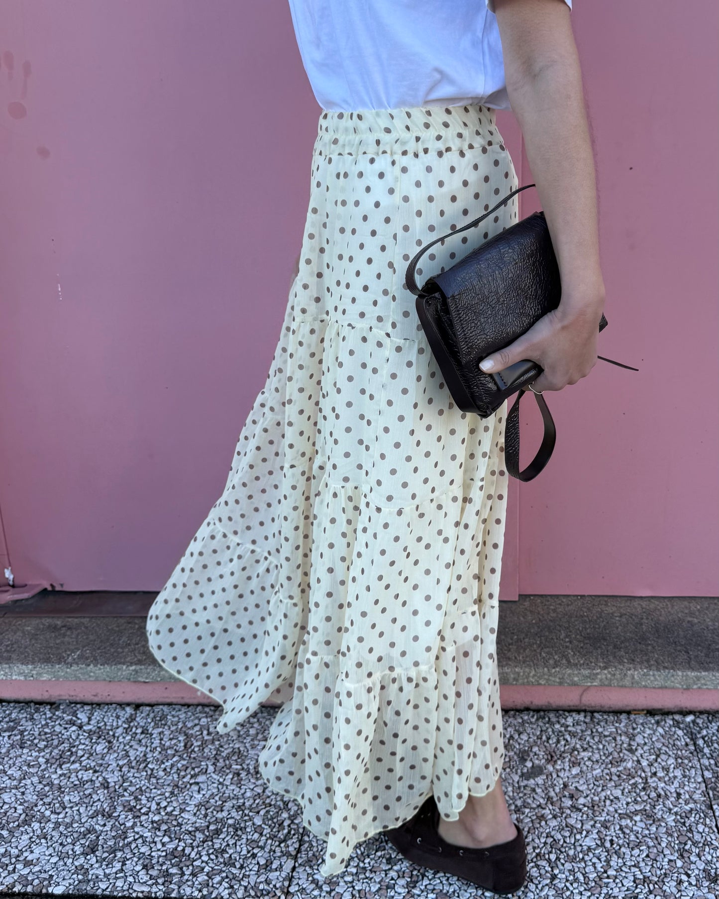 Saia Polka Dots - Amarelo Manteiga e Castanho -  Envio até 19/03