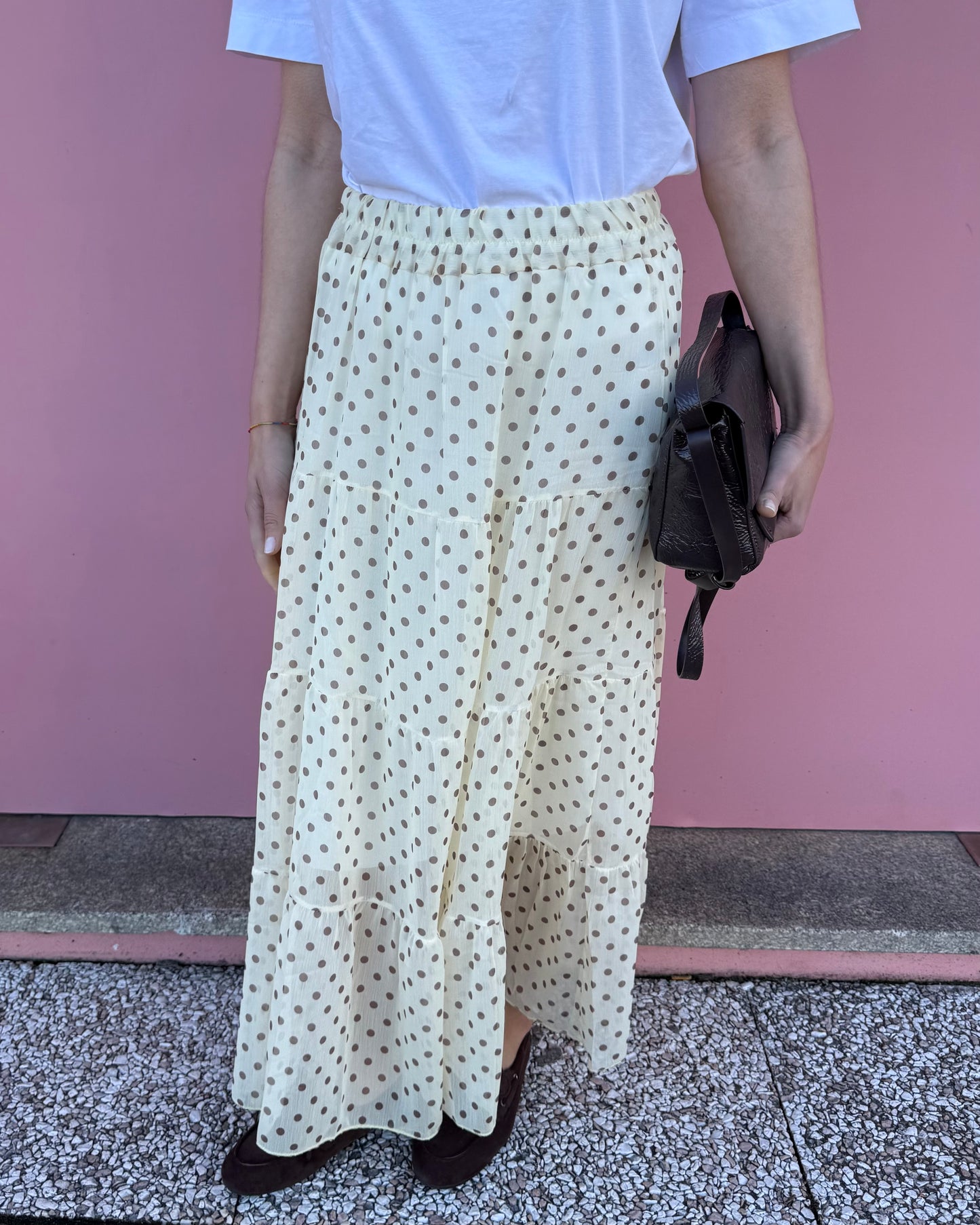 Saia Polka Dots - Amarelo Manteiga e Castanho -  Envio até 19/03