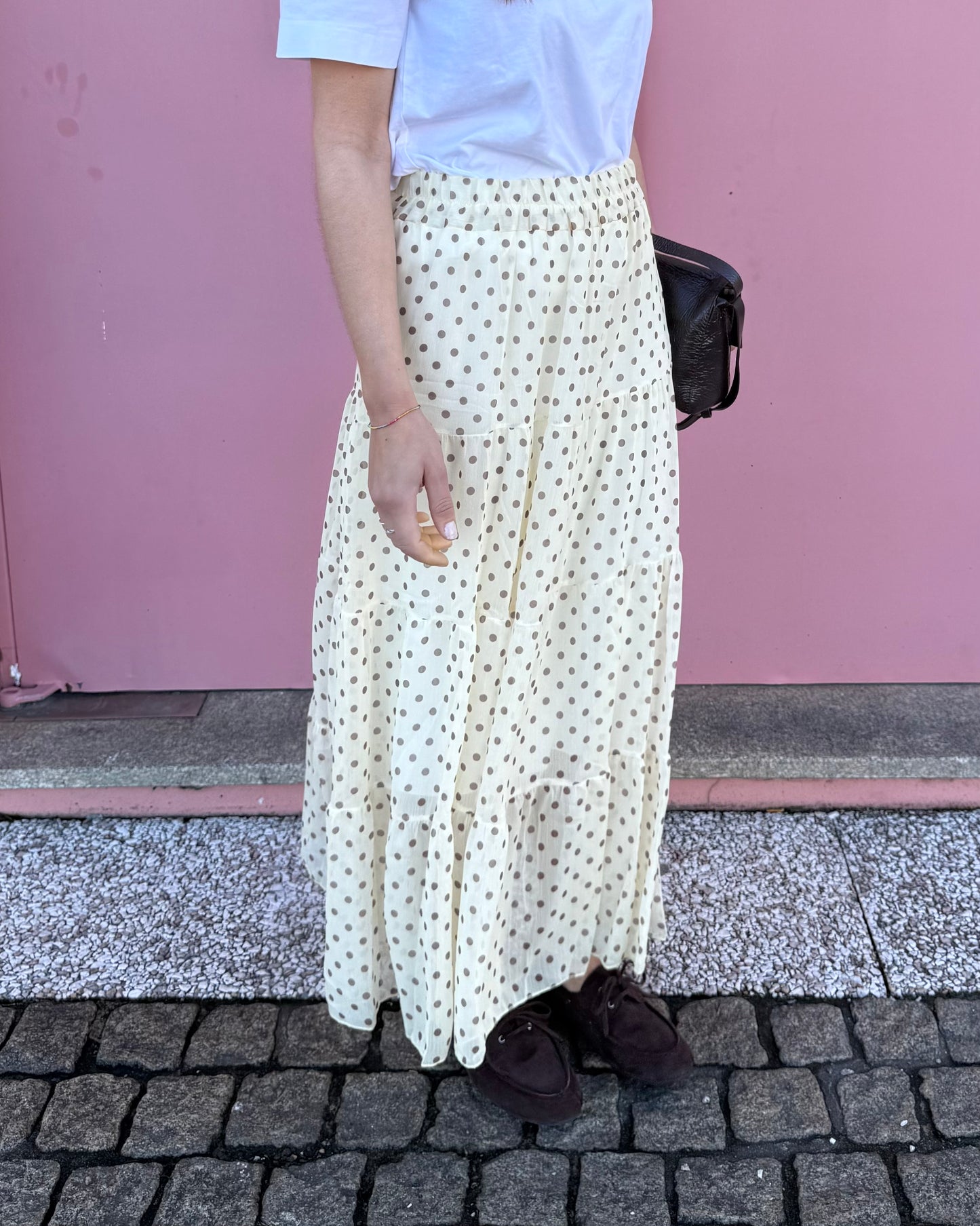 Saia Polka Dots - Amarelo Manteiga e Castanho -  Envio até 19/03