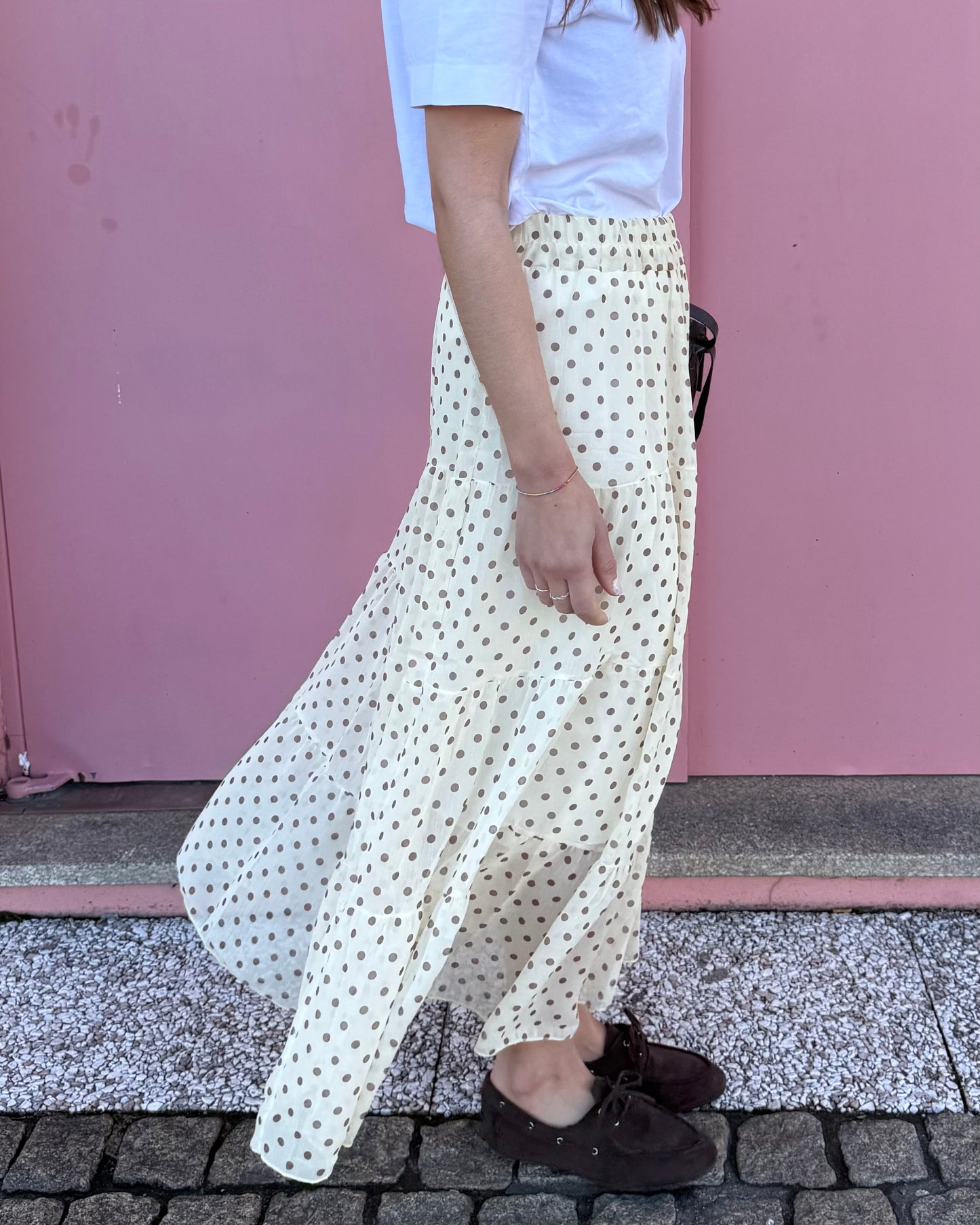 Saia Polka Dots - Amarelo Manteiga e Castanho -  Envio até 19/03