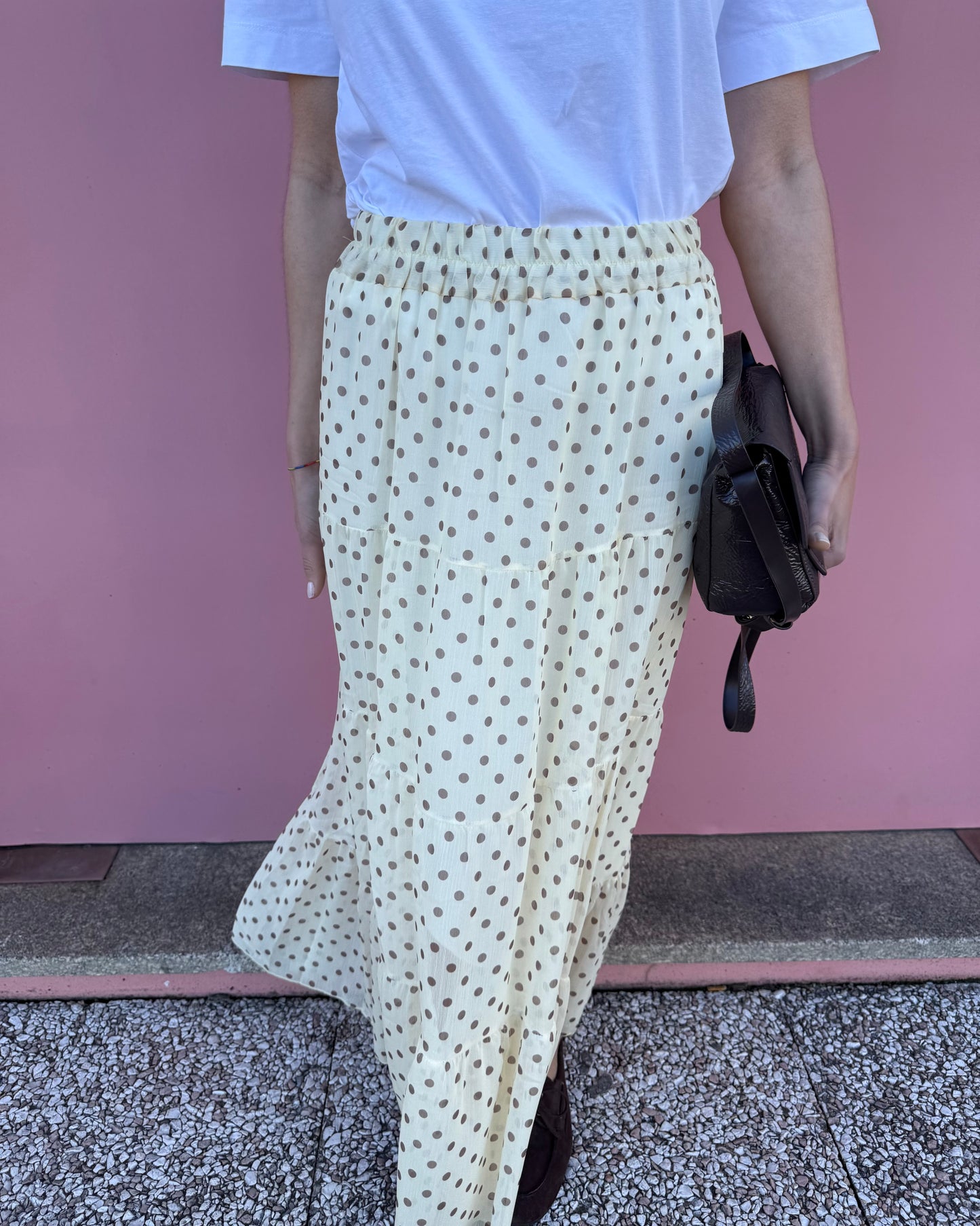 Saia Polka Dots - Amarelo Manteiga e Castanho -  Envio até 19/03