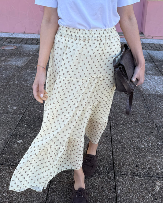 Saia Polka Dots - Amarelo Manteiga e Castanho -  Envio até 19/03