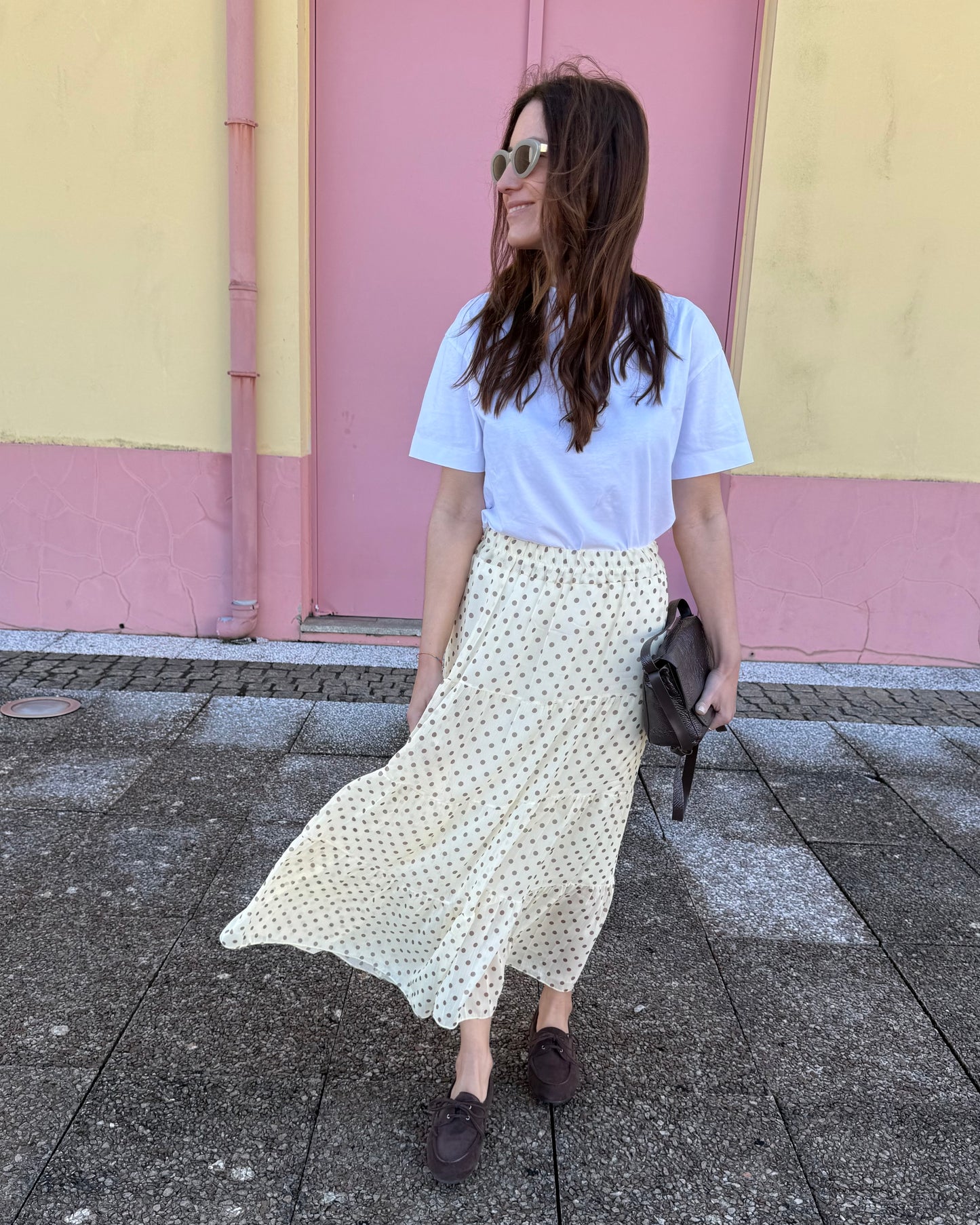 Saia Polka Dots - Amarelo Manteiga e Castanho -  Envio até 19/03