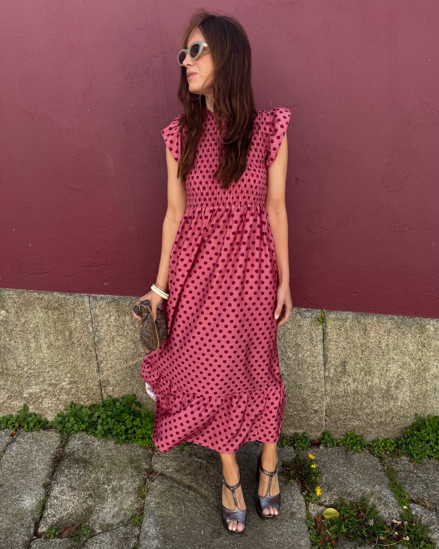 Vestido Málaga - Polka Dots ( rosa e bordeaux)