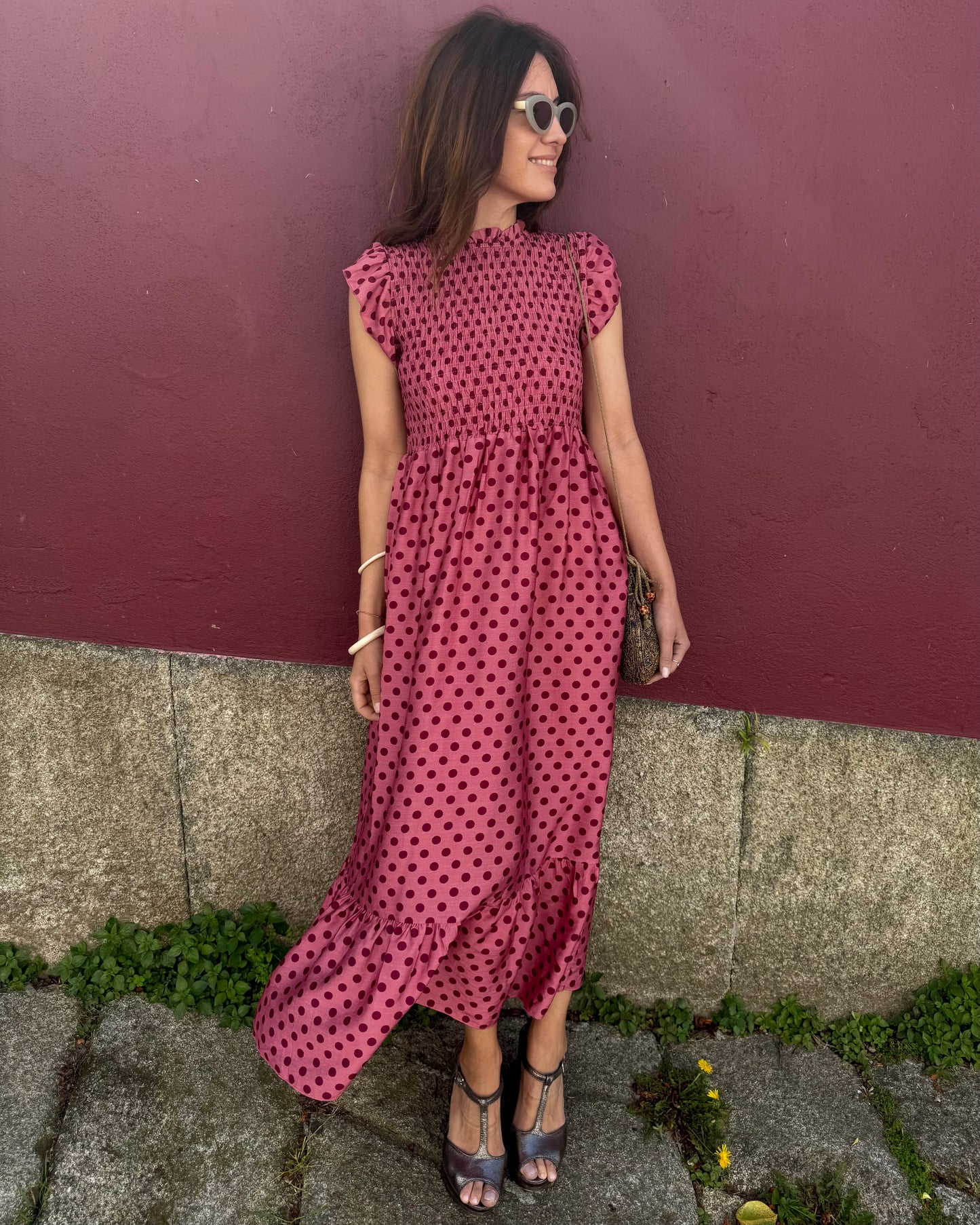 Vestido Málaga - Polka Dots ( rosa e bordeaux)