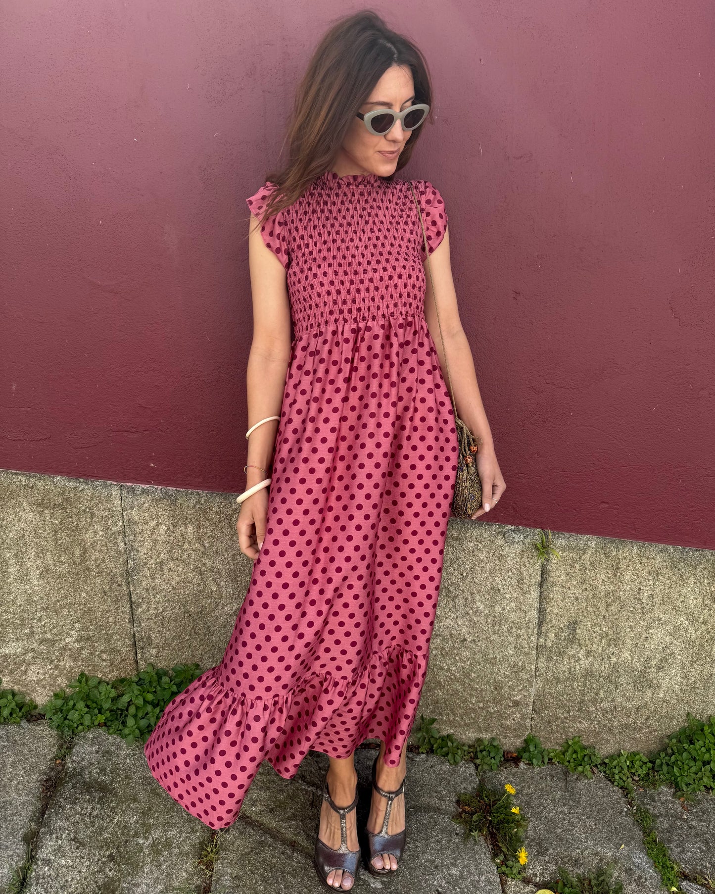 Vestido Málaga - Polka Dots ( rosa e bordeaux)