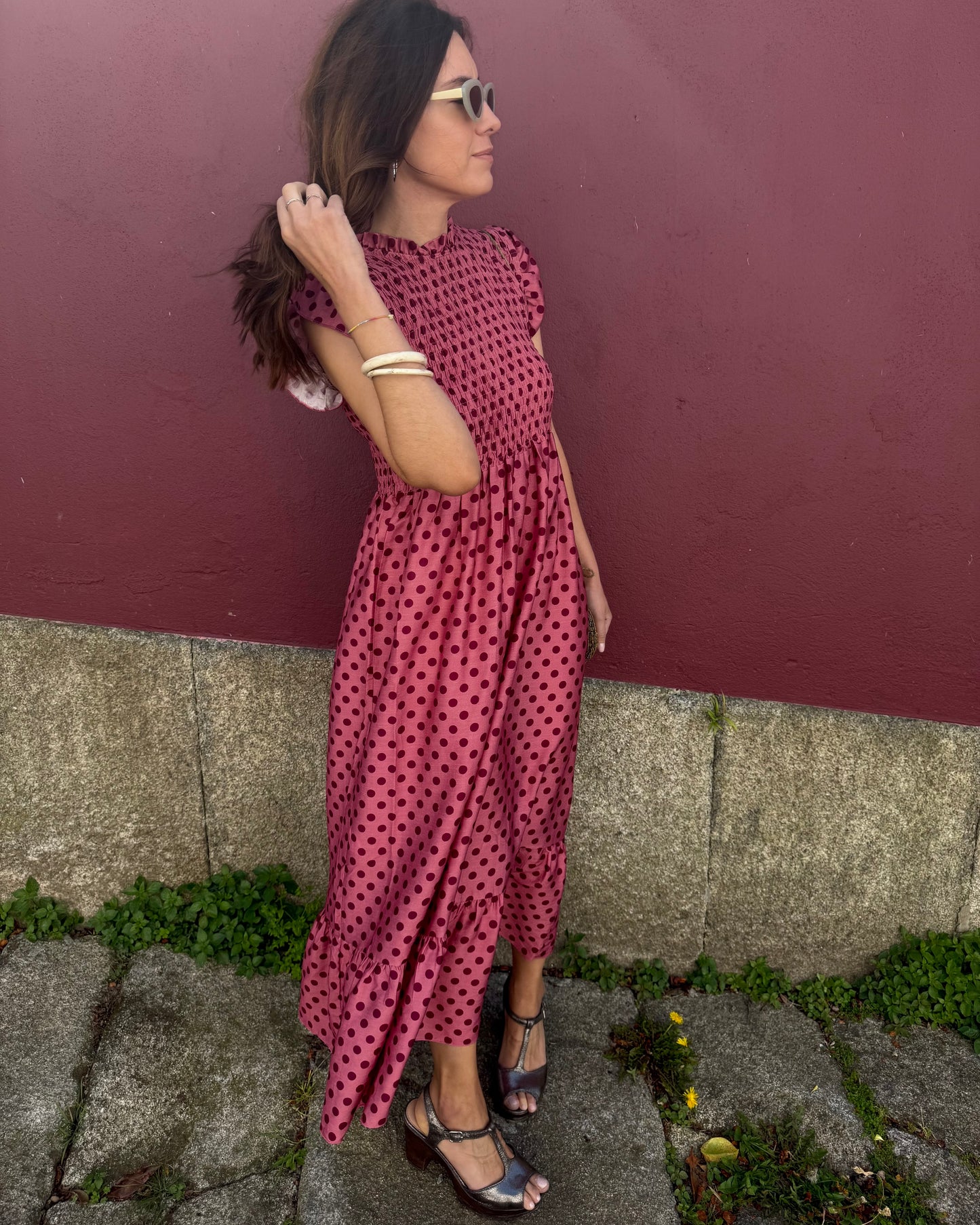 Vestido Málaga - Polka Dots ( rosa e bordeaux)