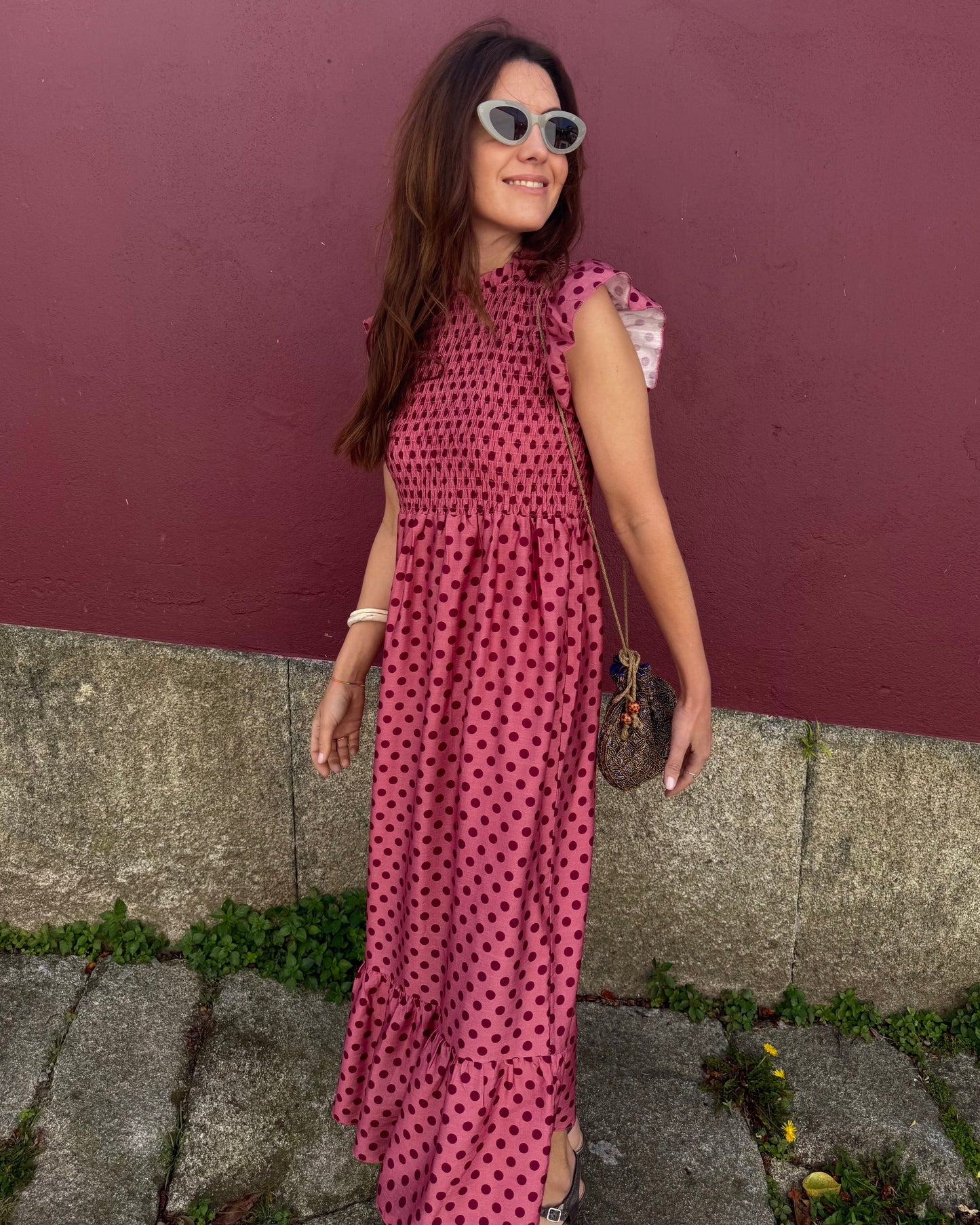 Vestido Málaga - Polka Dots ( rosa e bordeaux)