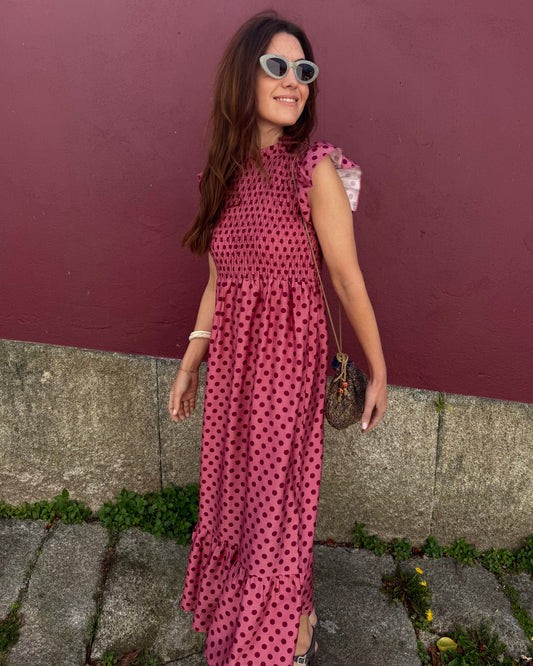 Vestido Málaga - Polka Dots ( rosa e bordeaux)