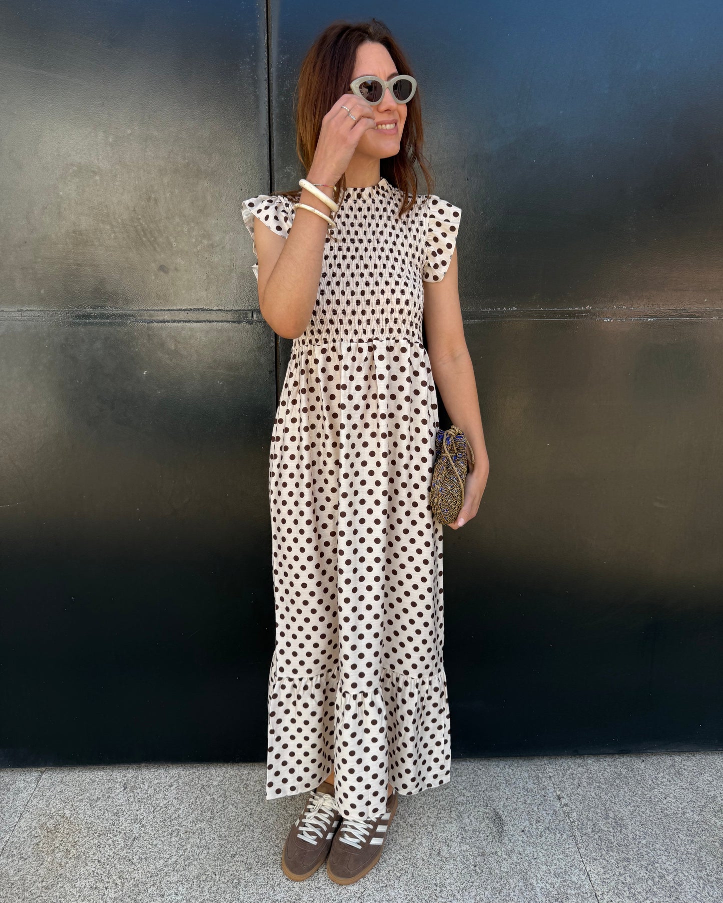 Vestido Málaga - Polka Dots (bege e castanho)