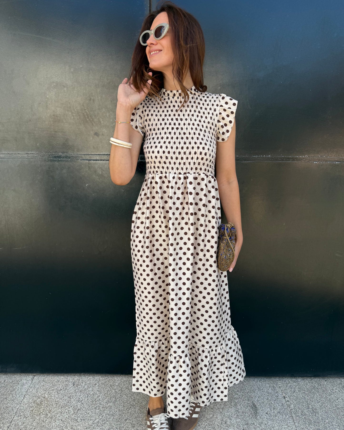 Vestido Málaga - Polka Dots (bege e castanho)