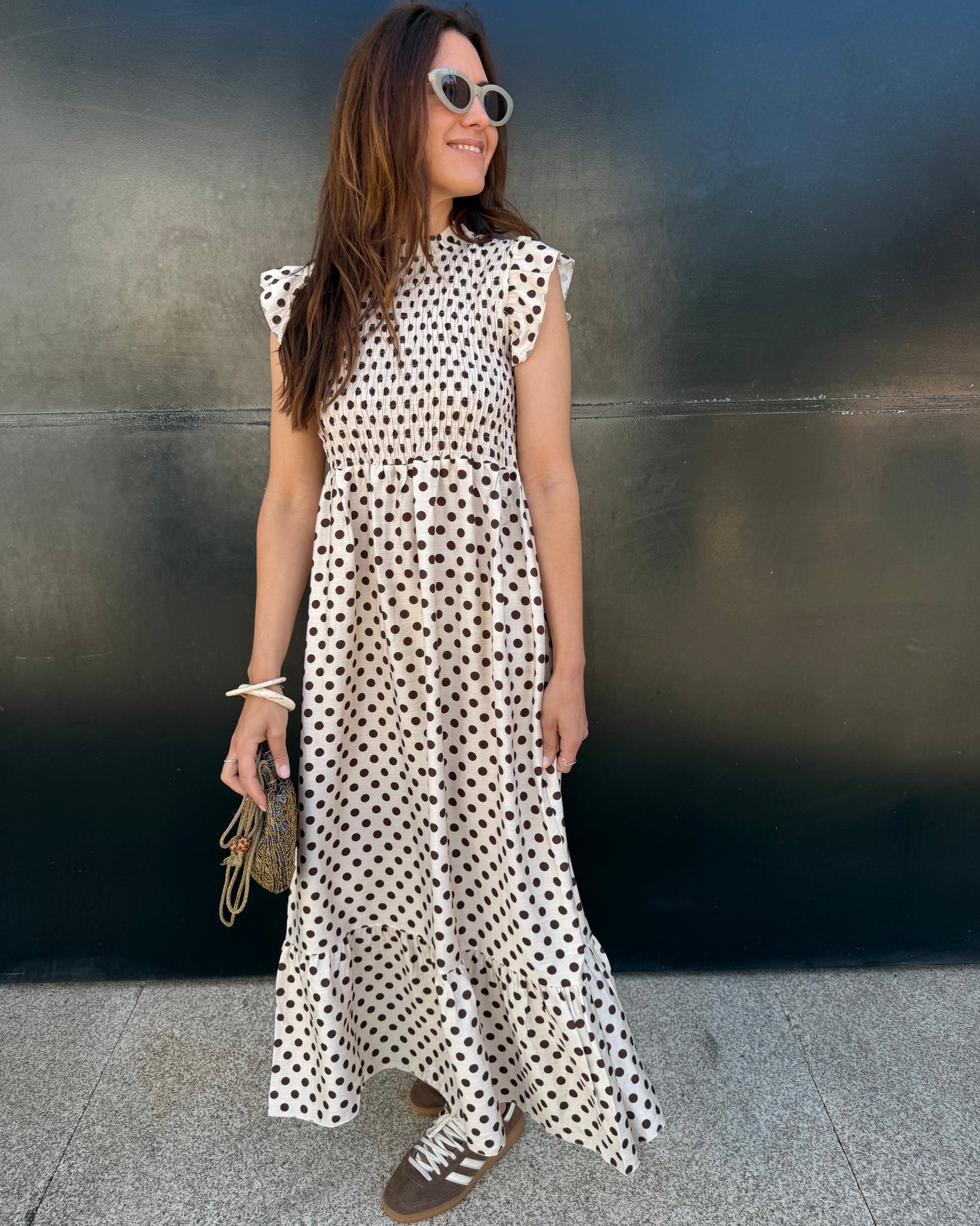 Vestido Málaga - Polka Dots (bege e castanho)