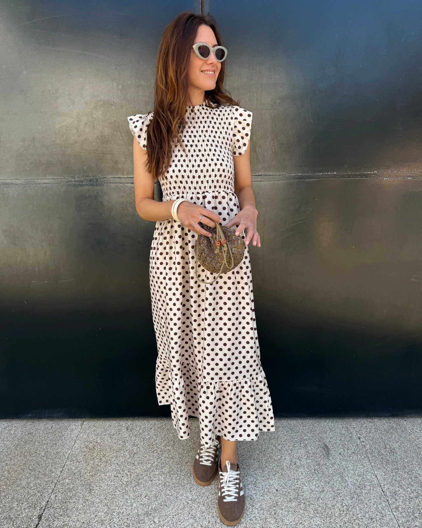 Vestido Málaga - Polka Dots (bege e castanho)