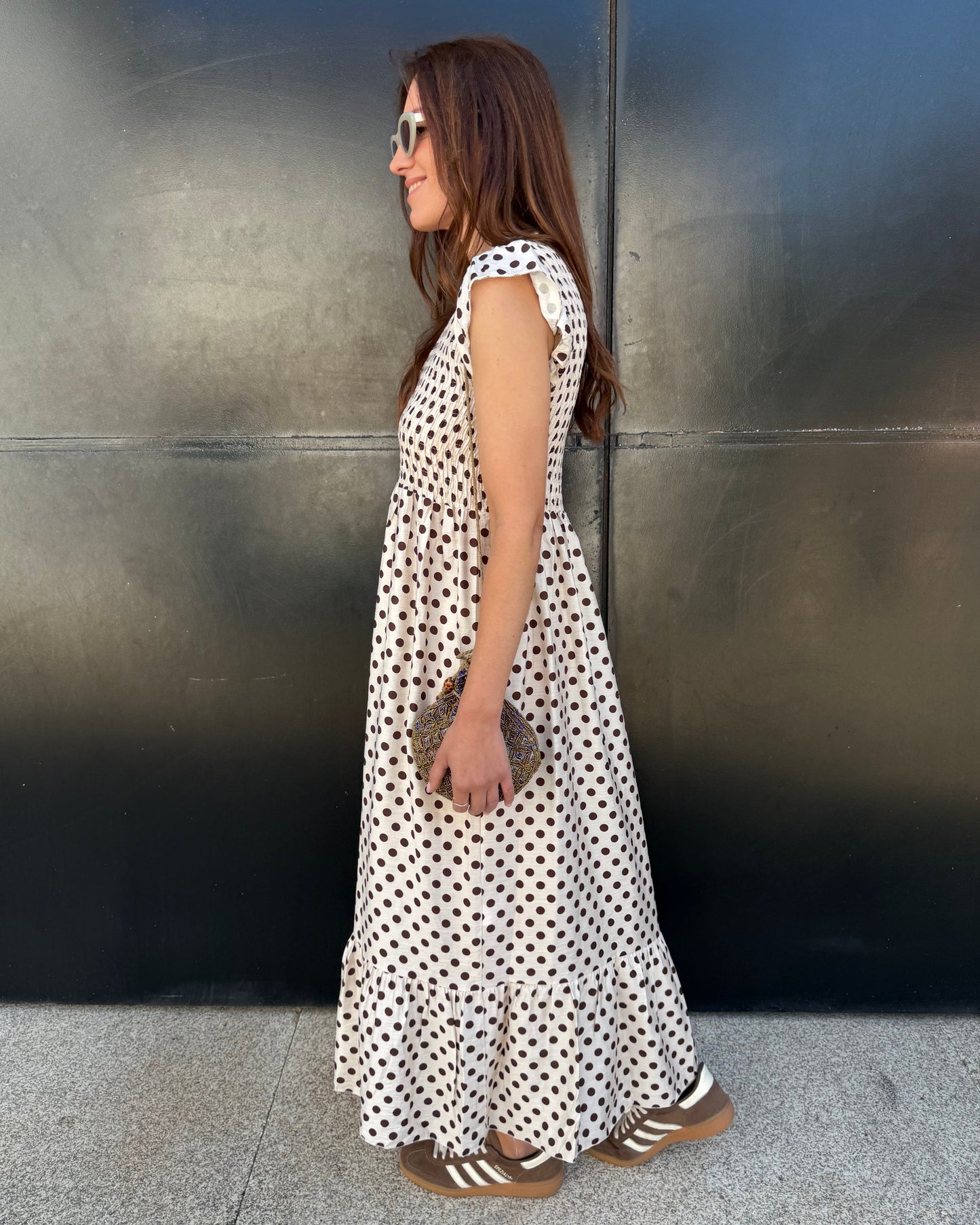 Vestido Málaga - Polka Dots (bege e castanho)