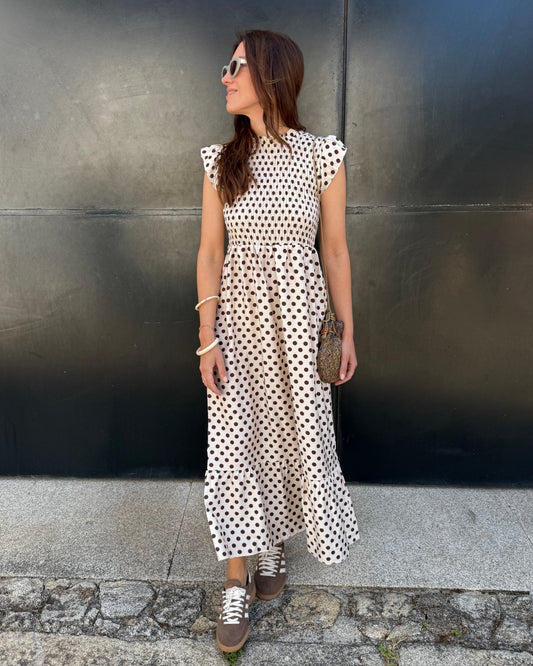 Vestido Málaga - Polka Dots (bege e castanho)