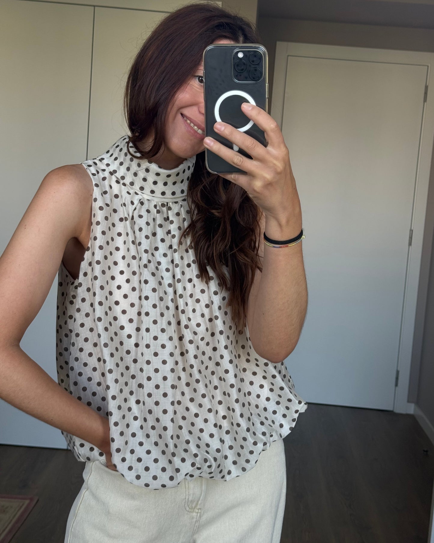 Top Polka Dots - Creme e Castanho - Pré-venda ( Envio até 24/06)