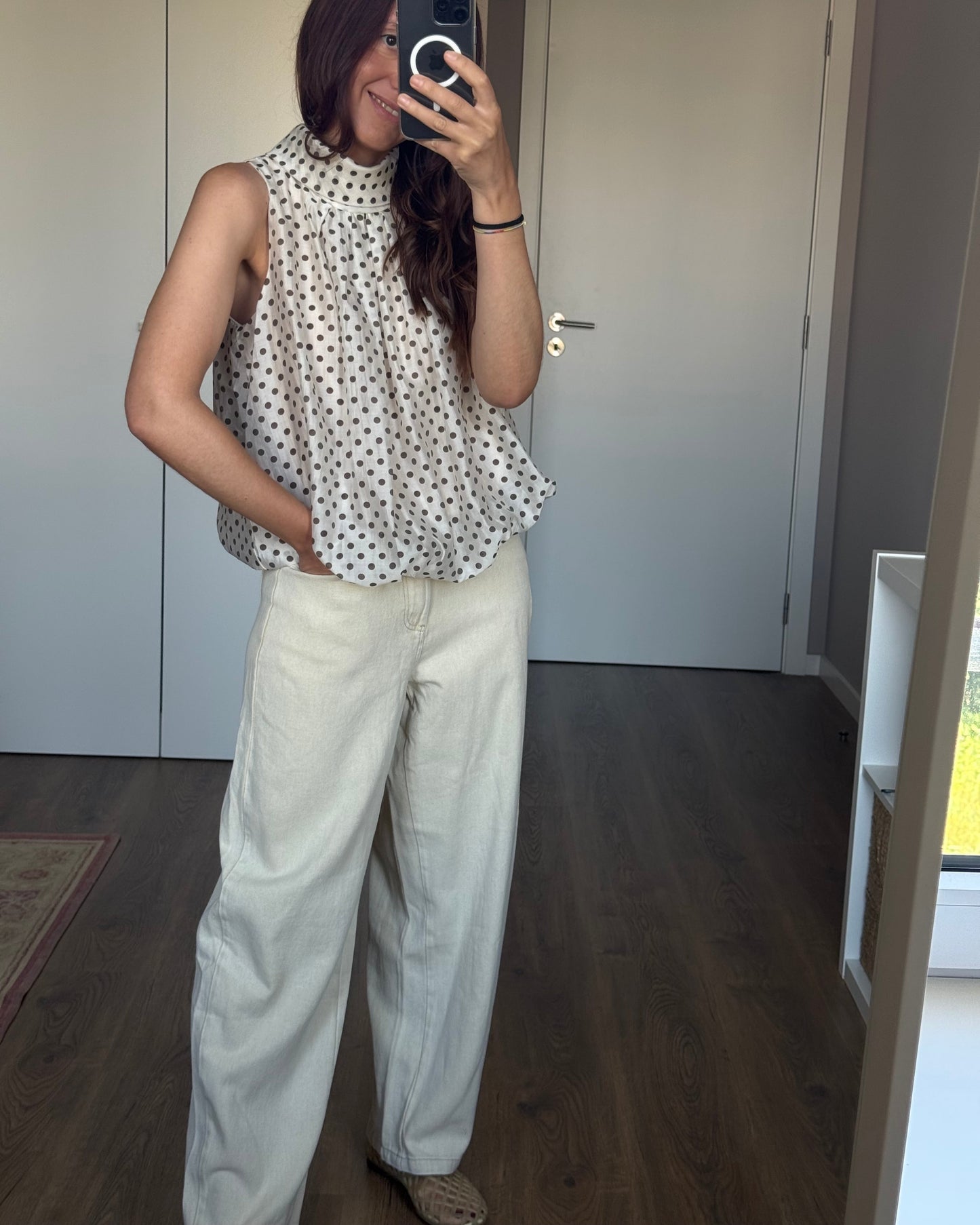 Top Polka Dots - Creme e Castanho - Pré-venda ( Envio até 24/06)