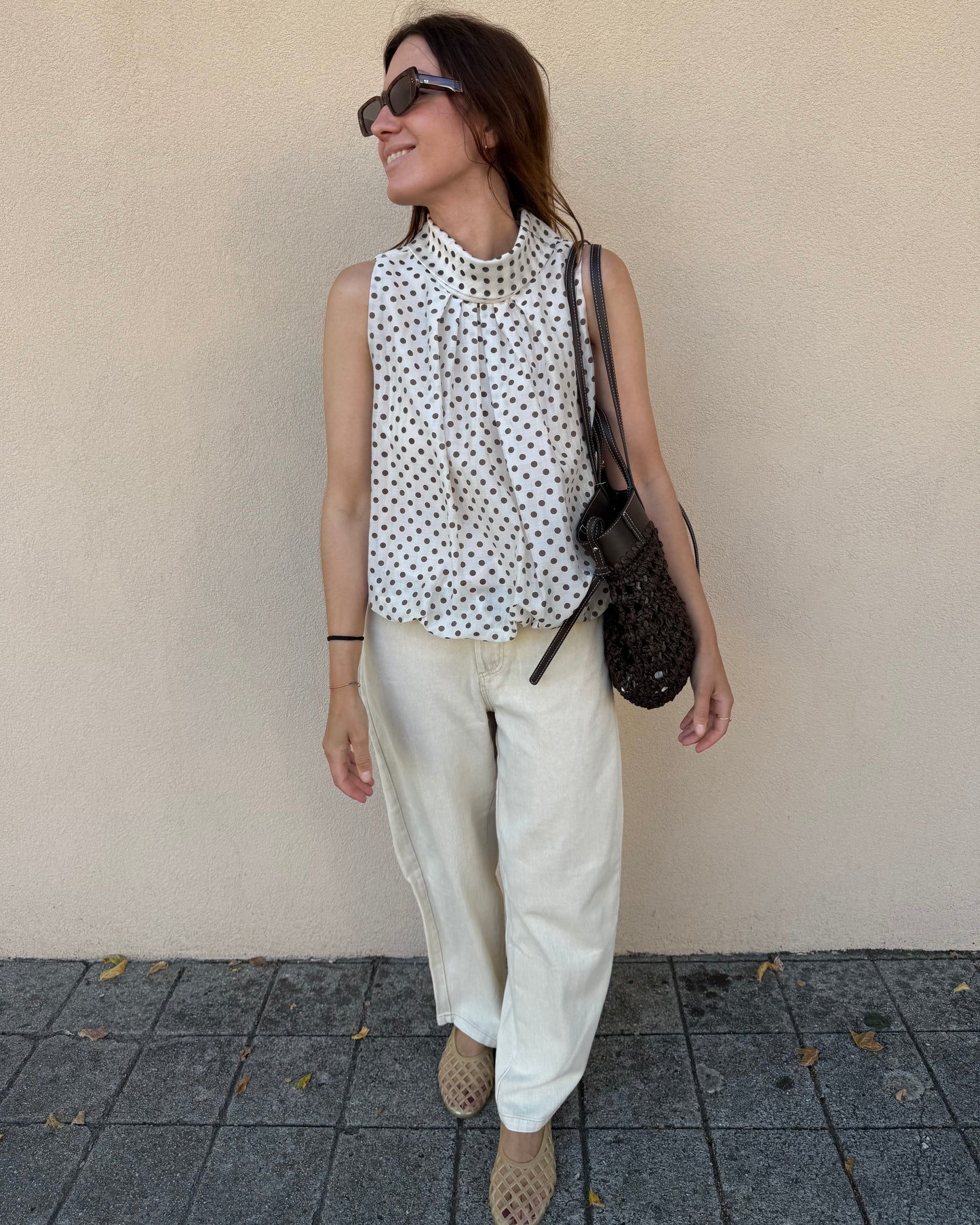 Top Polka Dots - Creme e Castanho