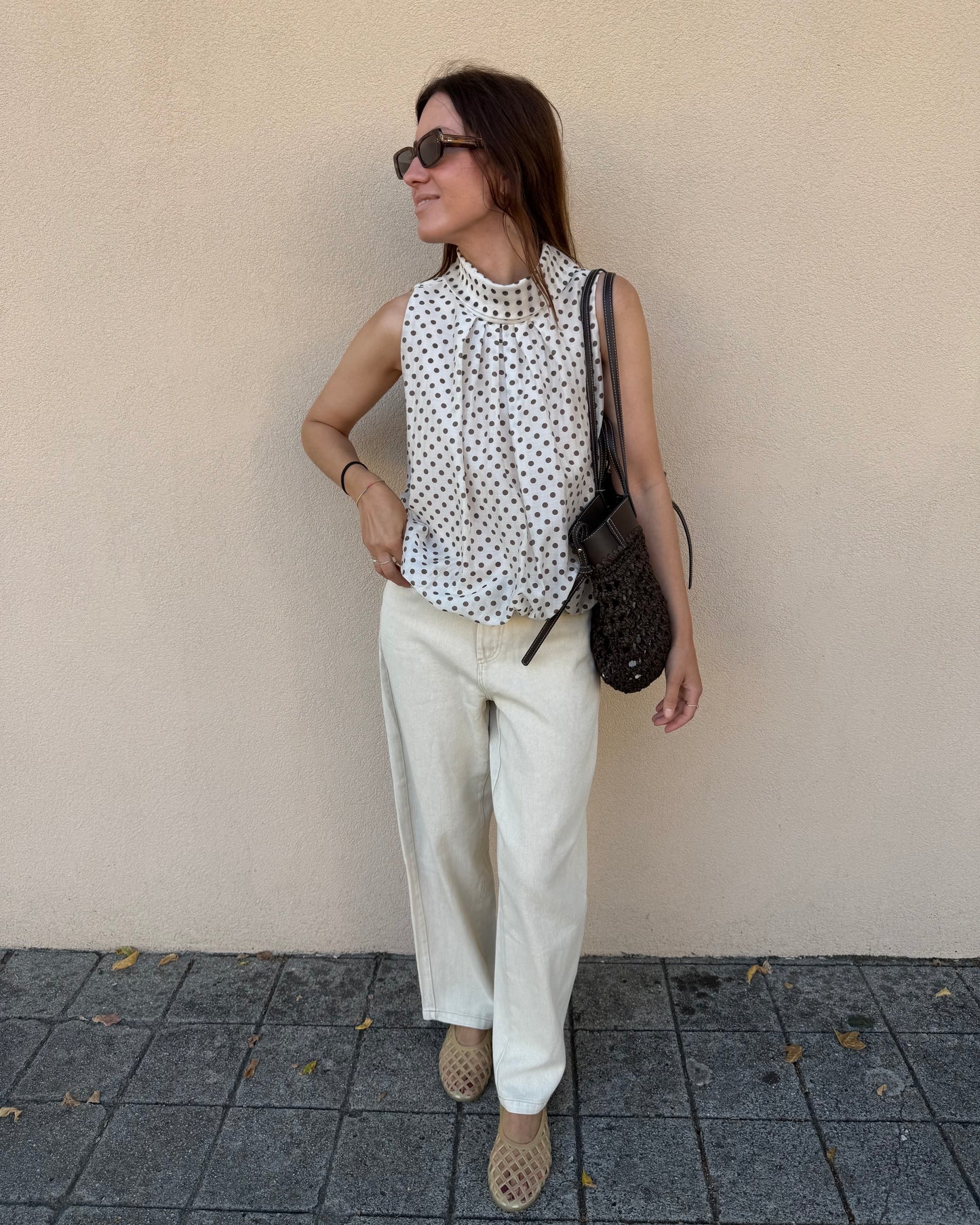 Top Polka Dots - Creme e Castanho