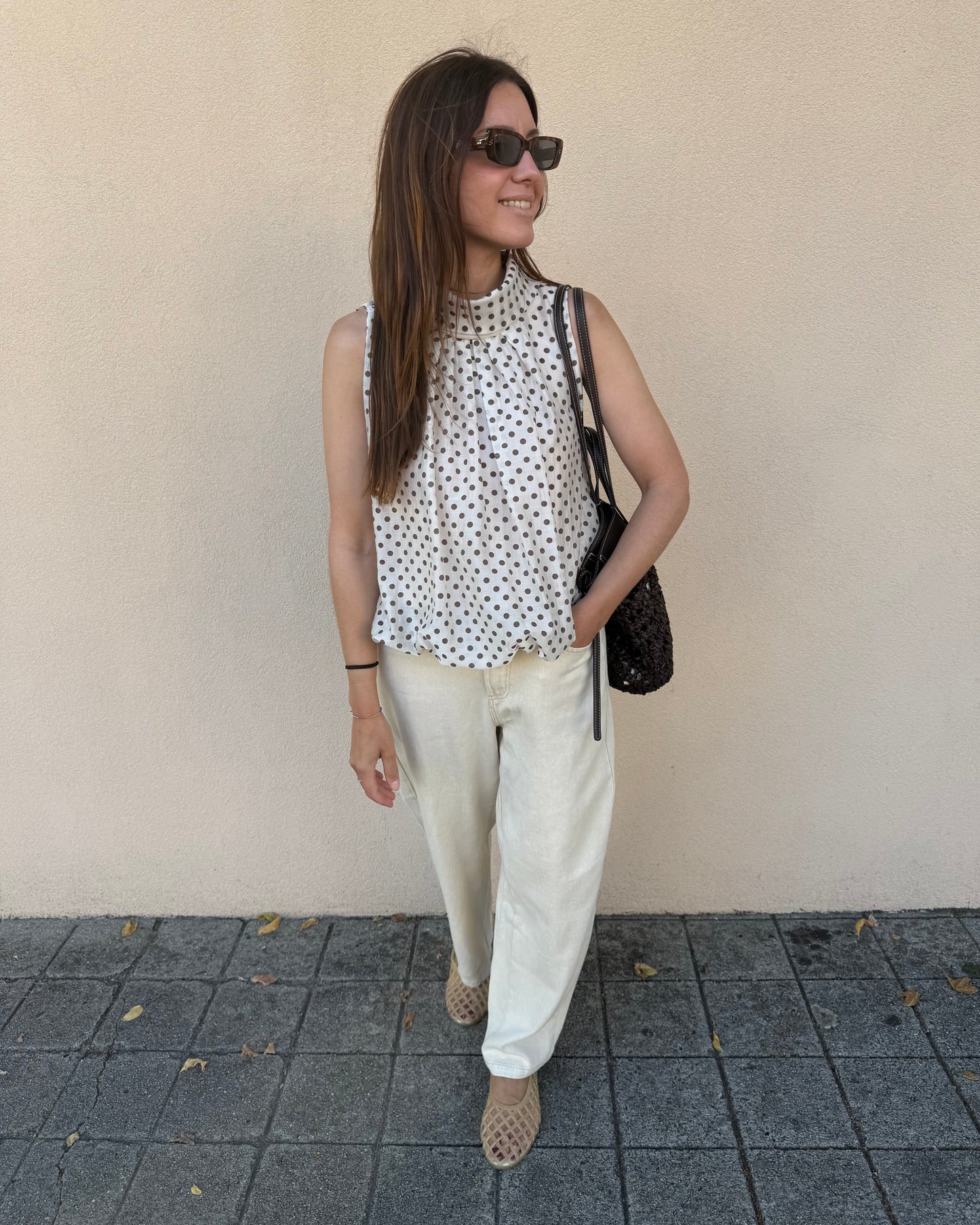 Top Polka Dots - Creme e Castanho