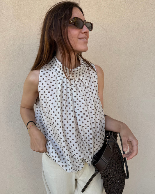 Top Polka Dots - Creme e Castanho - Pré-venda ( Envio até 24/06)
