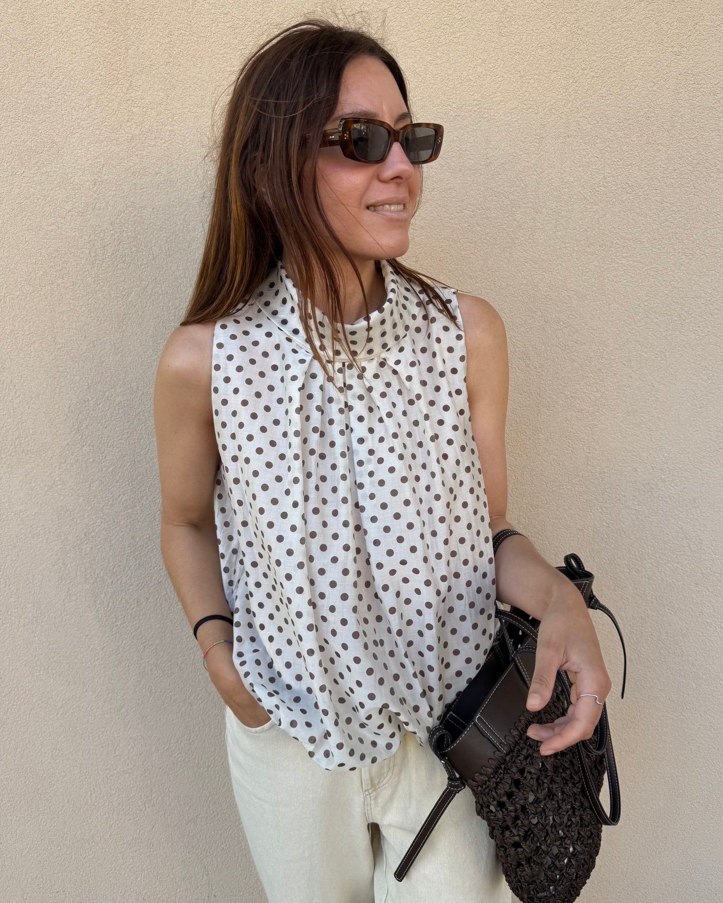 Top Polka Dots - Creme e Castanho