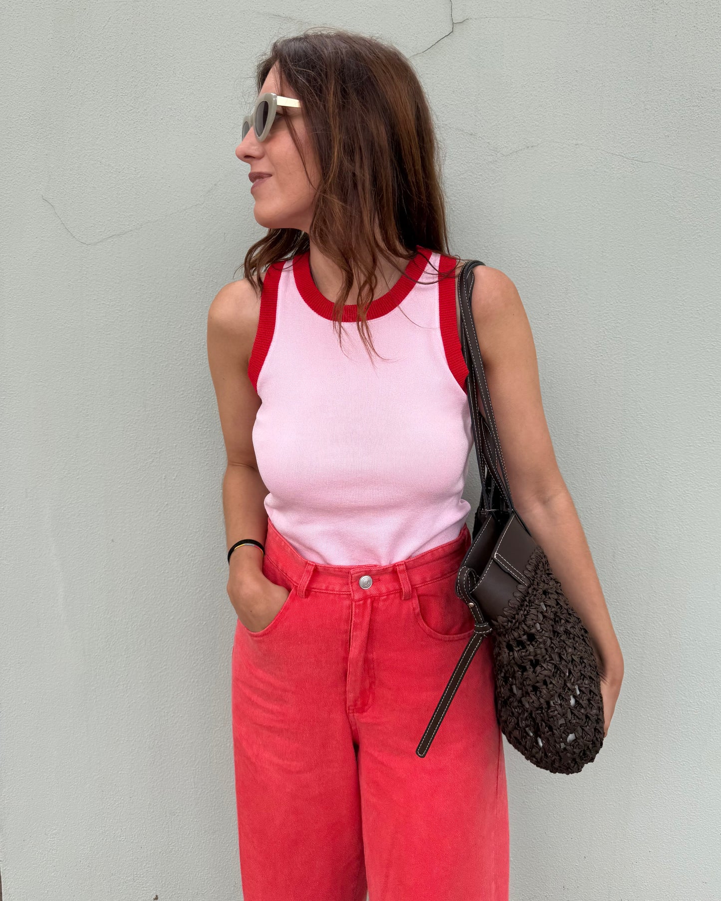 Top Malha fria - Rosa bebé/ Vermelho