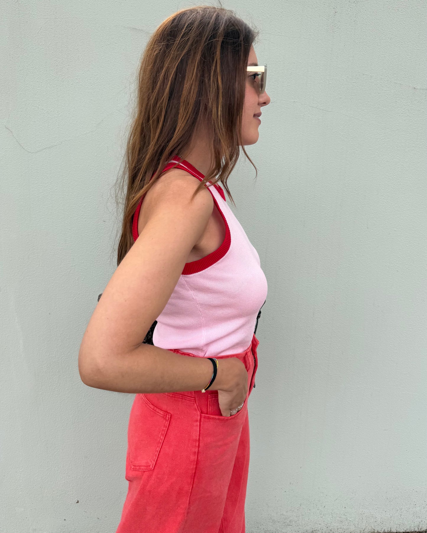 Top Malha fria - Rosa bebé/ Vermelho