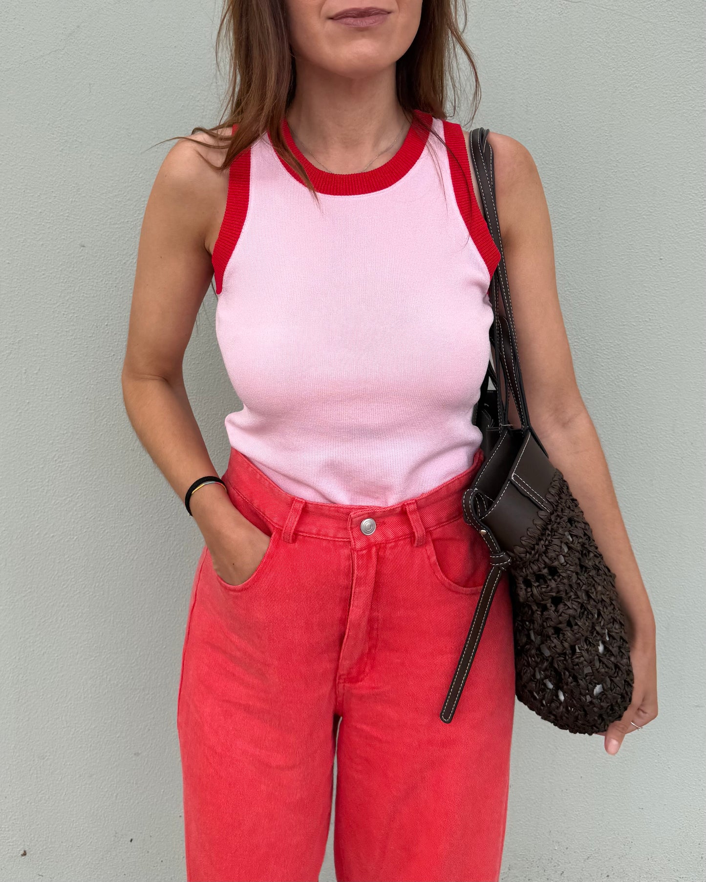 Top Malha fria - Rosa bebé/ Vermelho