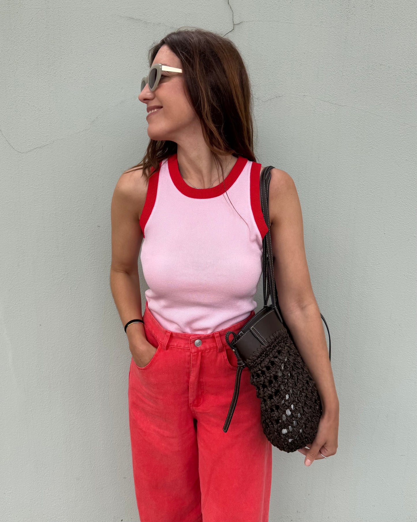 Top Malha fria - Rosa bebé/ Vermelho