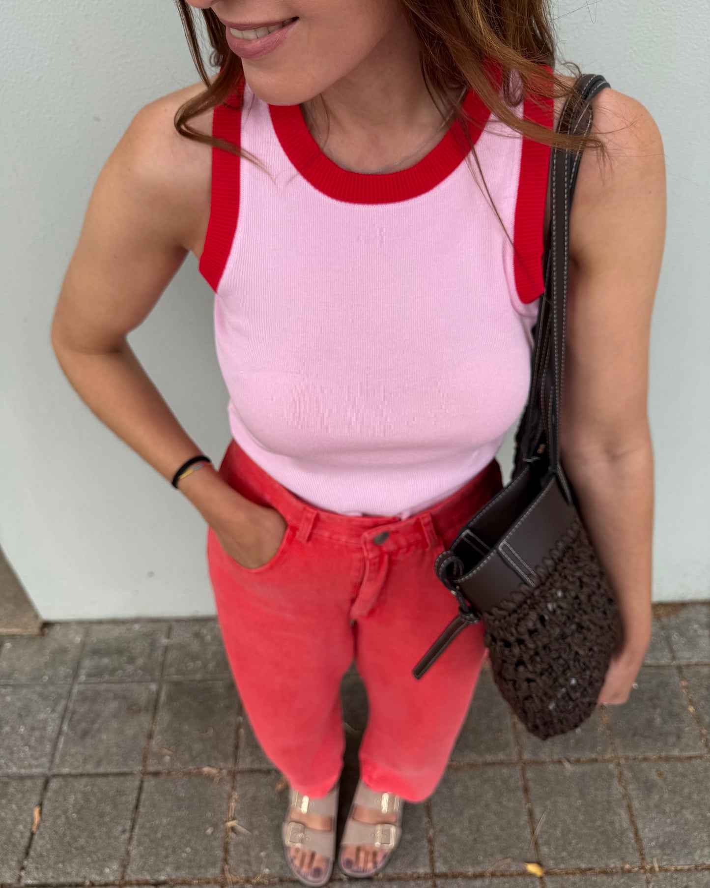 Top Malha fria - Rosa bebé/ Vermelho